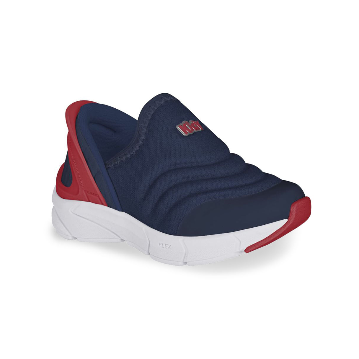 Tênis infantil azul marinho e vermelho da marca Kidy com solado branco e detalhes em vermelho, design casual slip-on para crianças